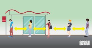Image of muni patrons standing 6 feet apart while waiting for a bus